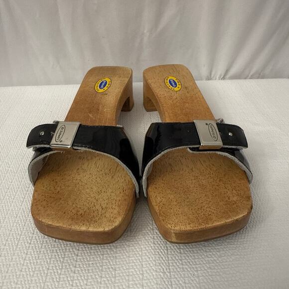 Dr Scholls Sandals Womens 8 M Black Leather Wooden Exercise Clog Slide Brazil - Picture 4 of 11